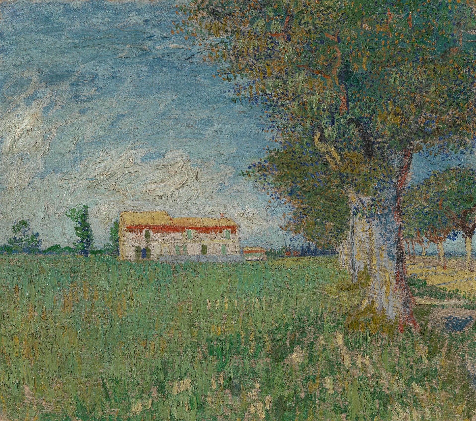 Ferme dans un champ de blé, F408 — bâtiment blanc, blé vert et arbres peints par Vincent van Gogh à Arles