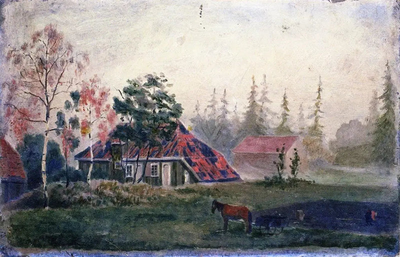 Pferd und Wagen vor den Gebäuden - Edvard Munch