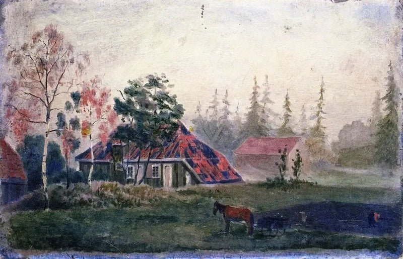 Pferd und Wagen vor den Gebäuden - Edvard Munch