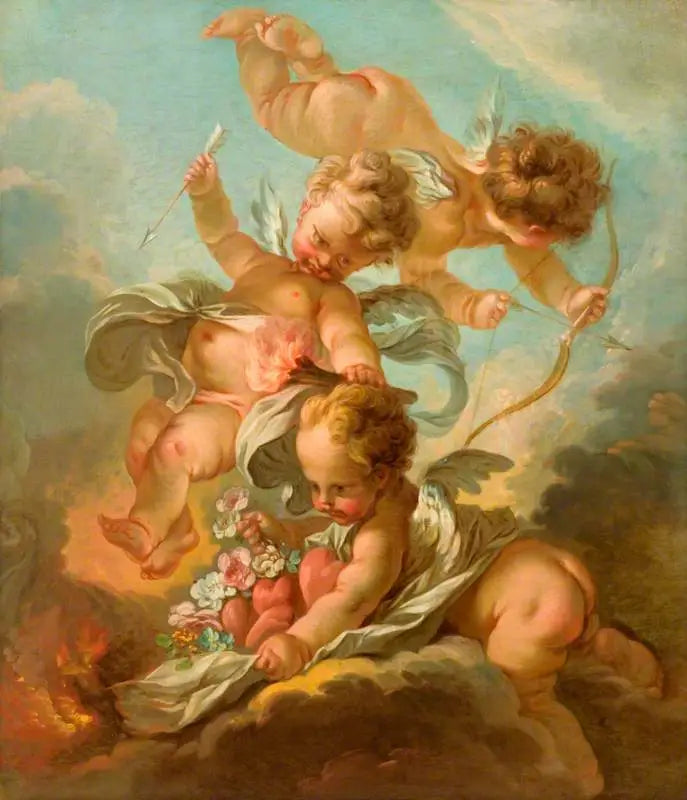 Feuer: Drei Putti, die einen Bogen und eine Pfeile halten, eine brennende Fackel und einen Mantel mit Herzen und Blumen - François Boucher