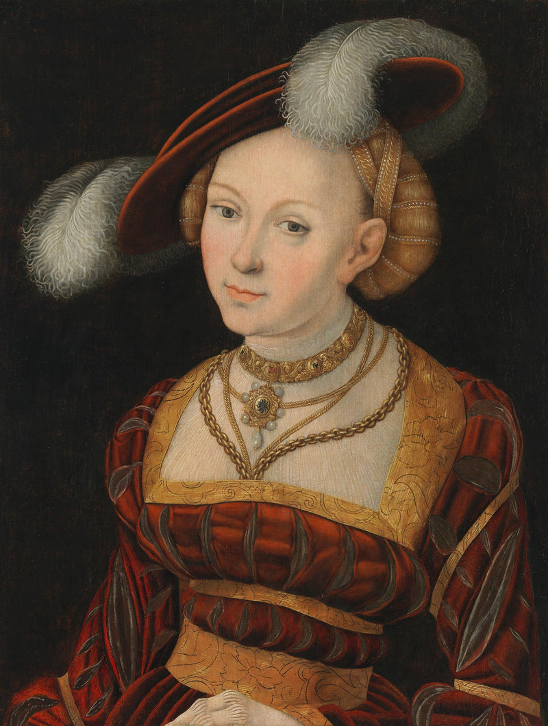 Halbkörper-Figur einer Frau mit einem Federhut - Lucas Cranach der Ältere