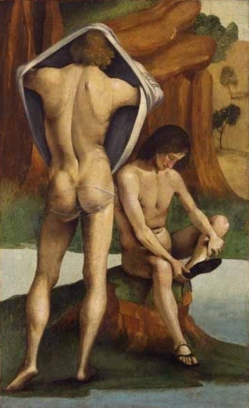 Figuren in einer Landschaft: Zwei junge nackte Menschen - Luca Signorelli