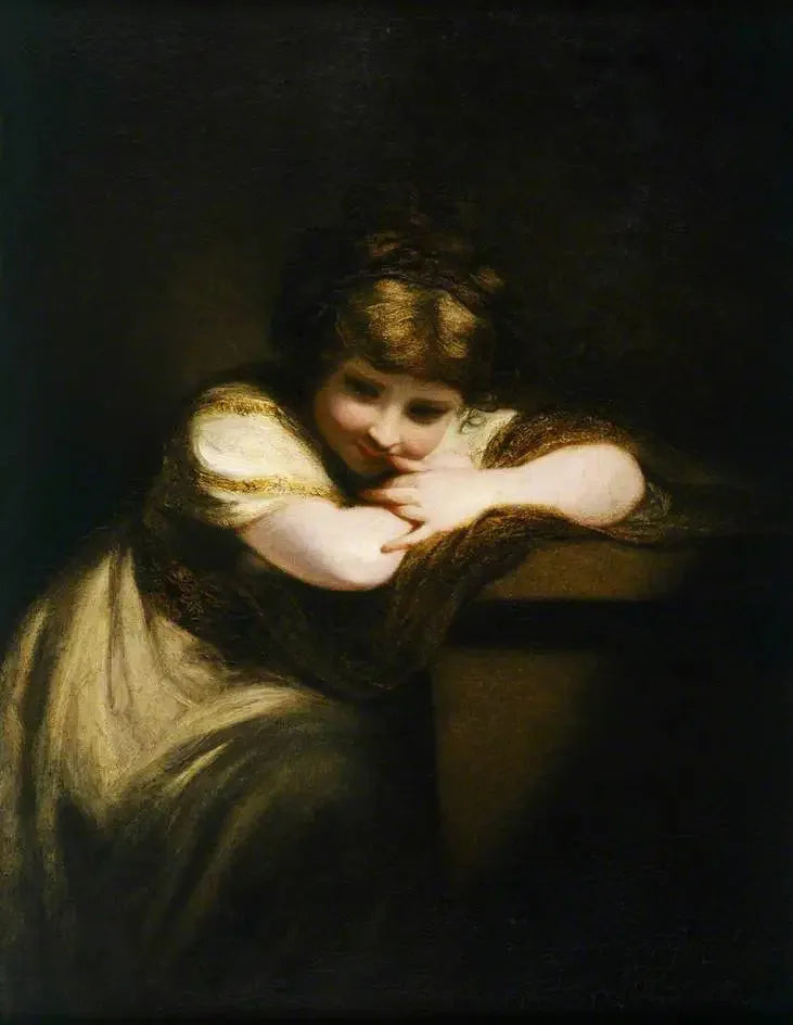 Mädchen, das auf einem Podest lehnt (Das lachende Mädchen) - Joshua Reynolds