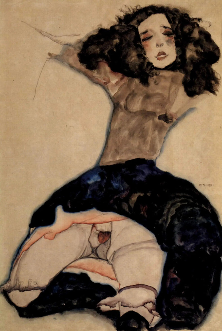 Mädchen mit schwarzen Haaren und hochgeschobenem Rock - Egon Schiele