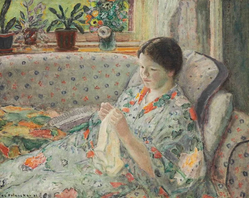 Mädchen näht (das chinesische Kleid) - Frederick Carl Frieseke