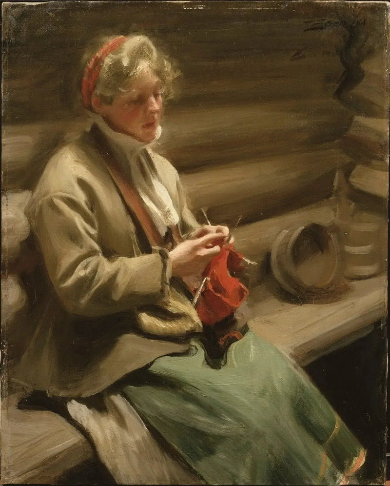 Mädchen aus Dalarna strickend. Margit beim Kohl - Anders Zorn