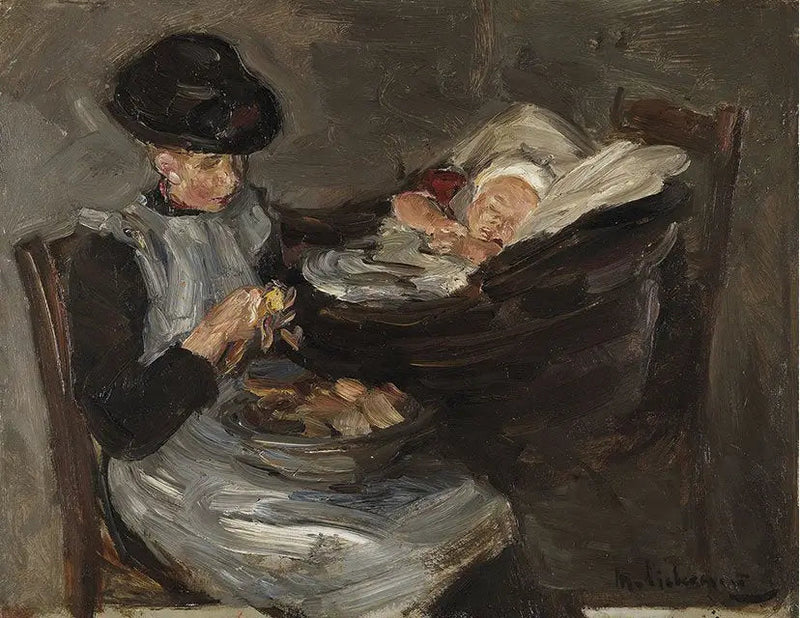 Mädchen aus Laren, das Kartoffeln schält, mit einem schlafenden Kind in einem Korb - Max Liebermann