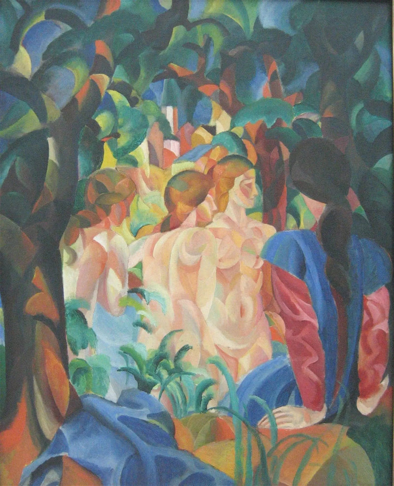 Mädchen, die sich mit der Stadt im Hintergrund baden - August Macke
