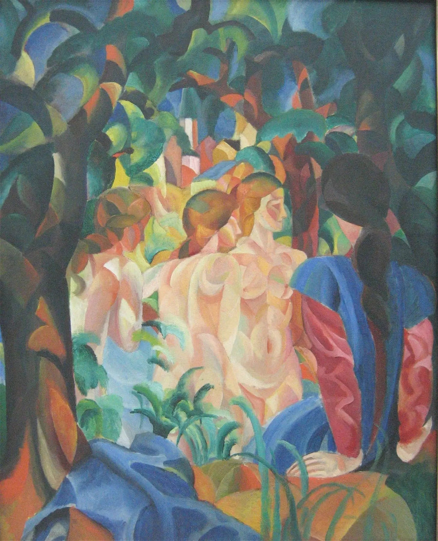 Mädchen, die sich mit der Stadt im Hintergrund baden - August Macke