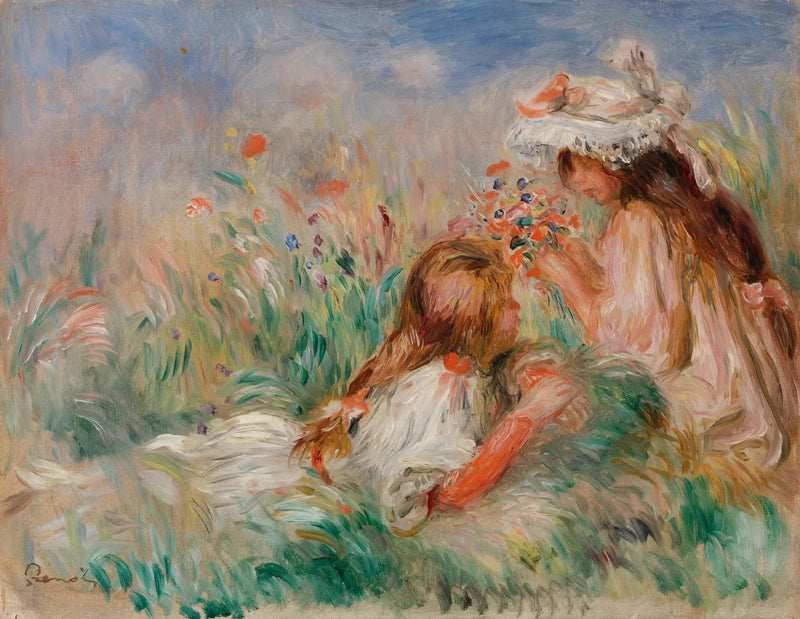 Mädchen, das auf dem Gras liegt, und junges Mädchen, das einen Blumenstrauß arrangiert - Pierre-Auguste Renoir