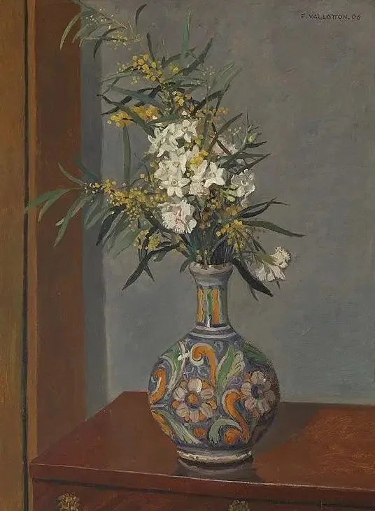 Weiße Blumen in einer dekorierten Vase - Félix Vallotton