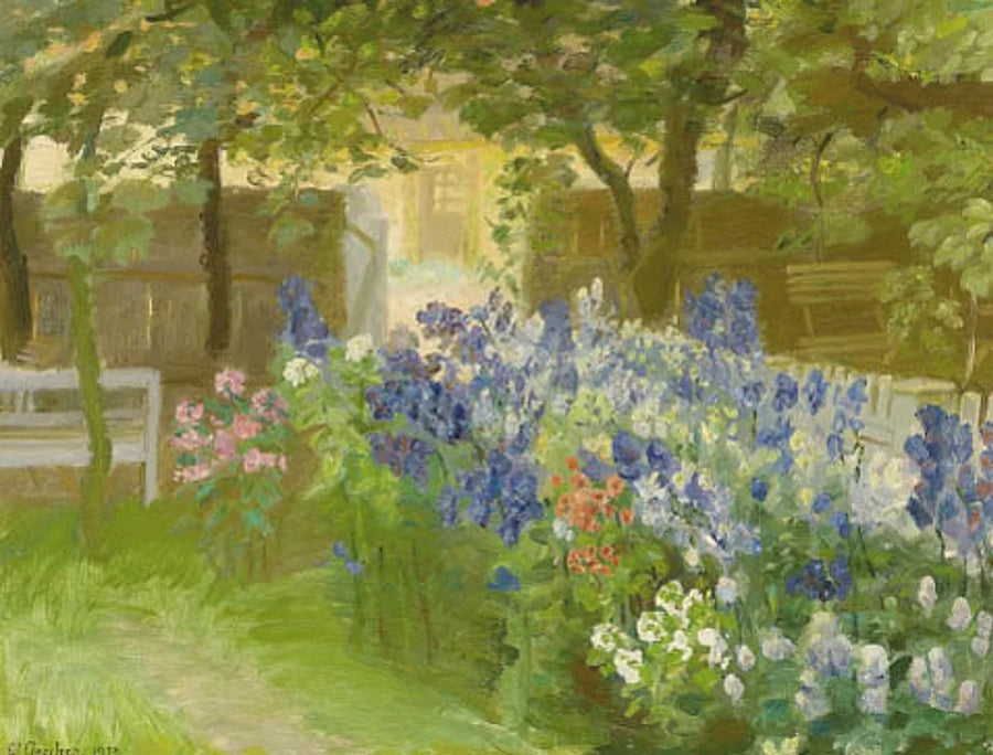 Blumen im Bründumer Garten, Blickrichtung „Rullestuen“. – Anna Ancher