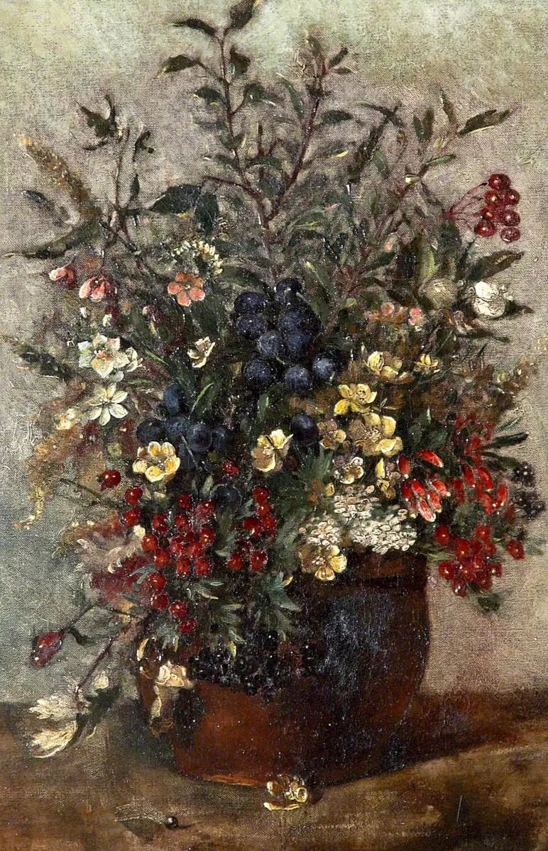 Blumen auf dem Feld und Beeren in einem braunen Topf - John Constable