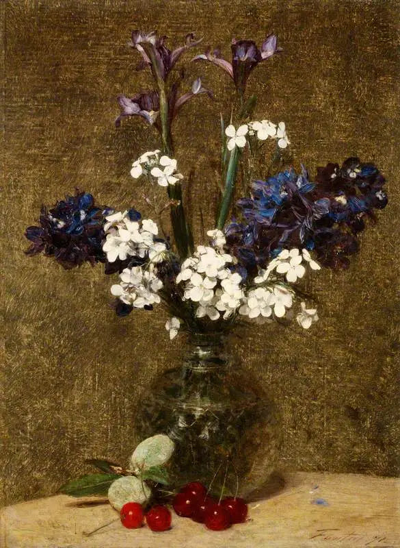 Blumen: Iris und Hyazinthen, mit Kirschen und Mandeln auf dem Tisch - Henri Fantin-Latour