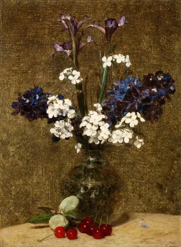 Blumen: Iris und Hyazinthen, mit Kirschen und Mandeln auf dem Tisch - Henri Fantin-Latour