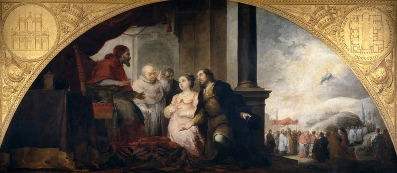Stiftung der Santa Maria Maggiore in Rom. Der Patrizier erzählt seinem Papst von seinem Traum. - Bartolomé Esteban Murillo