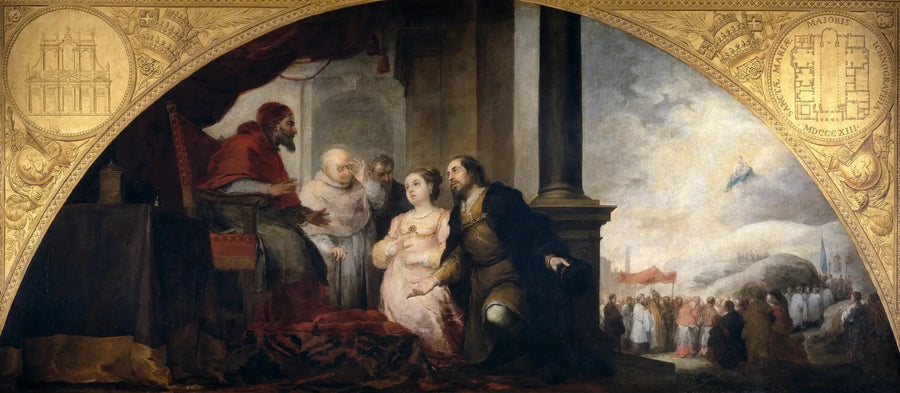 Stiftung der Santa Maria Maggiore in Rom. Der Patrizier erzählt seinem Papst von seinem Traum. - Bartolomé Esteban Murillo