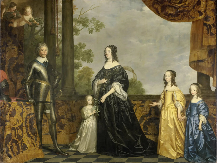 Frédéric-Henri (1584-1647), Fürst von Oranien, Sohn seiner Ehefrau Amélie van Solms (1602-1675) und ihrer drei jüngsten Töchter, Albertine Agnès (1634-1696), Henriette Catharine (1637-1708) und Marie (1642-1688) - Gerrit van Honthorst