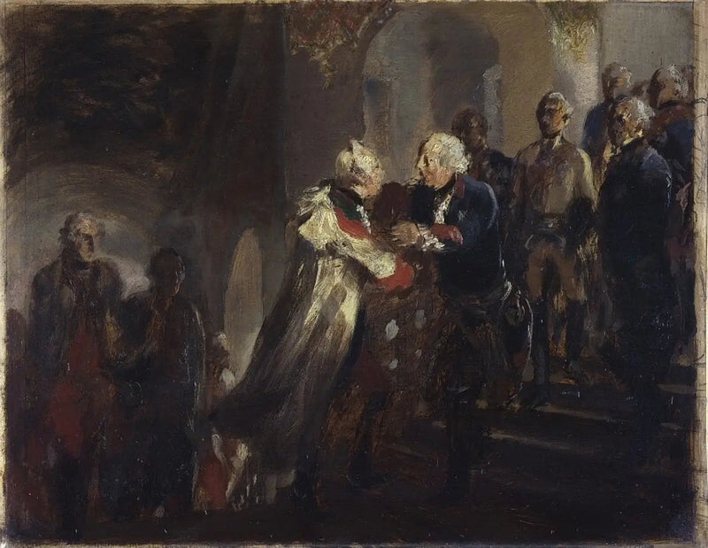 Friedrich der Große und Kaiser Joseph II. treffen sich in Neisse im Jahr 1769 (Skizze) - Adolph von Menzel