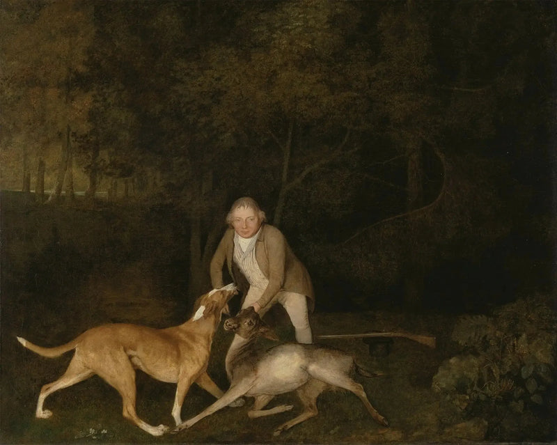 Freeman, der Wildhüter des Grafen von Clarendon, mit einer sterbenden Hirschkuh und einem Hund - George Stubbs