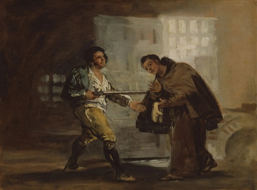 Bruder Pedro bietet El Maragato Schuhe an und bereitet sich darauf vor, seine Waffe beiseite zu legen - Francisco de Goya