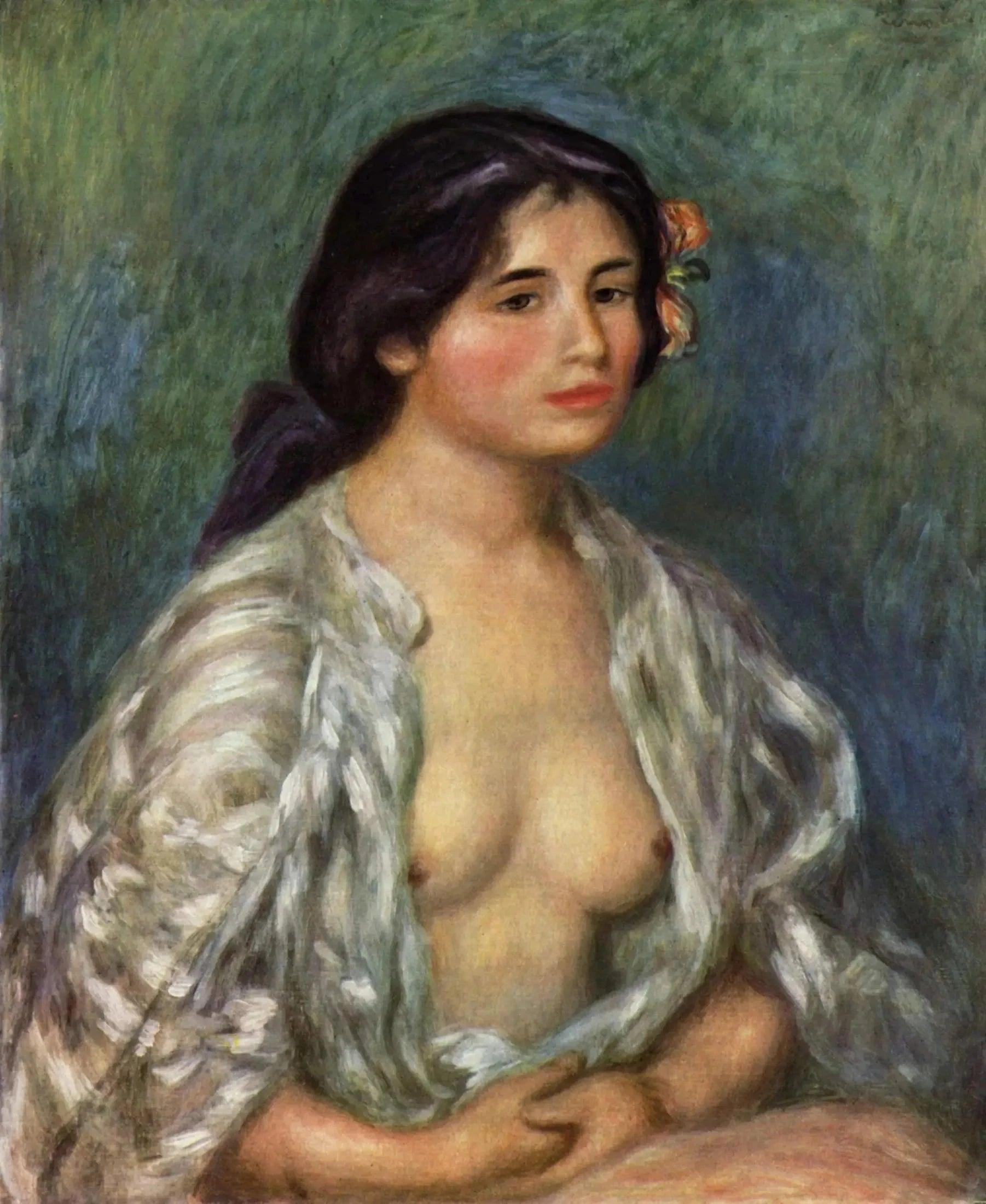 Gabrielle à la chemise ouverte, vers 1907, par Renoir – reproduction peinture à l’huile sur toile