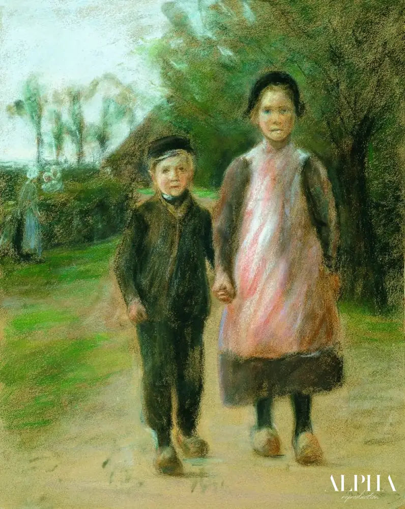 Garçon et fille dans une rue de village - Max Liebermann - Reproductions de tableaux et peintures haut de gamme