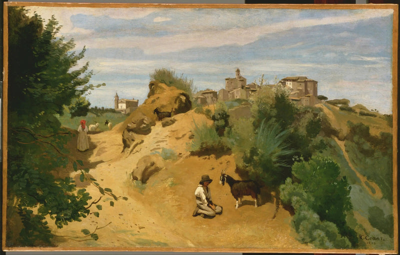 Genzano, Ziegenhirte mit Blick auf ein Dorf - Jean-Baptiste Camille Corot