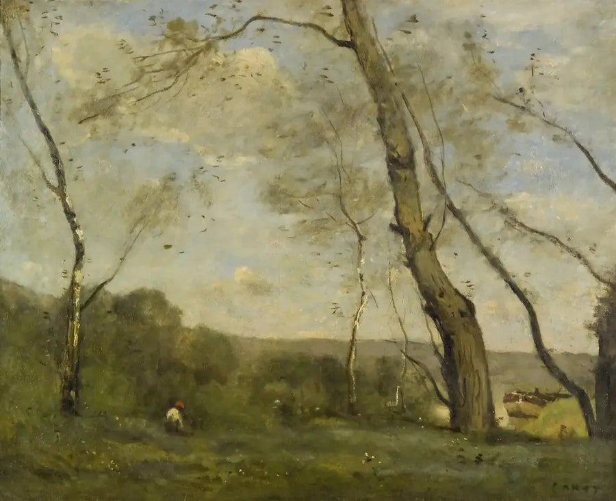 Große Bäume dominieren den Flussufer - Jean-Baptiste Camille Corot