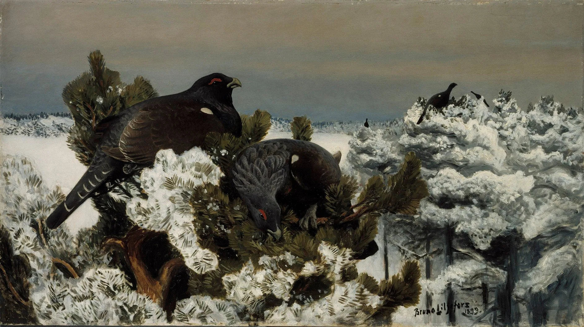 Grands tétras dans un paysage hivernal - Bruno Liljefors image 1 reproduction artisanale de tableau