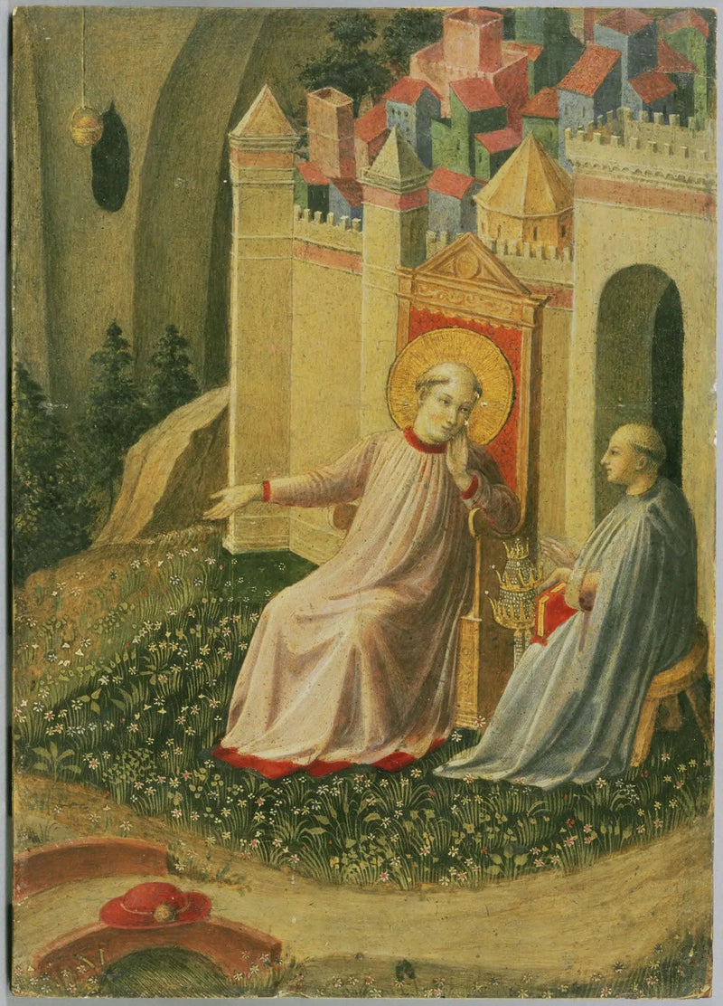 Gregor der Große lehnt die päpstliche Tiara ab, Ausschnitt eines ausgeschnittenen Tafelbildes mit Szenen aus der Thebais - Fra Angelico