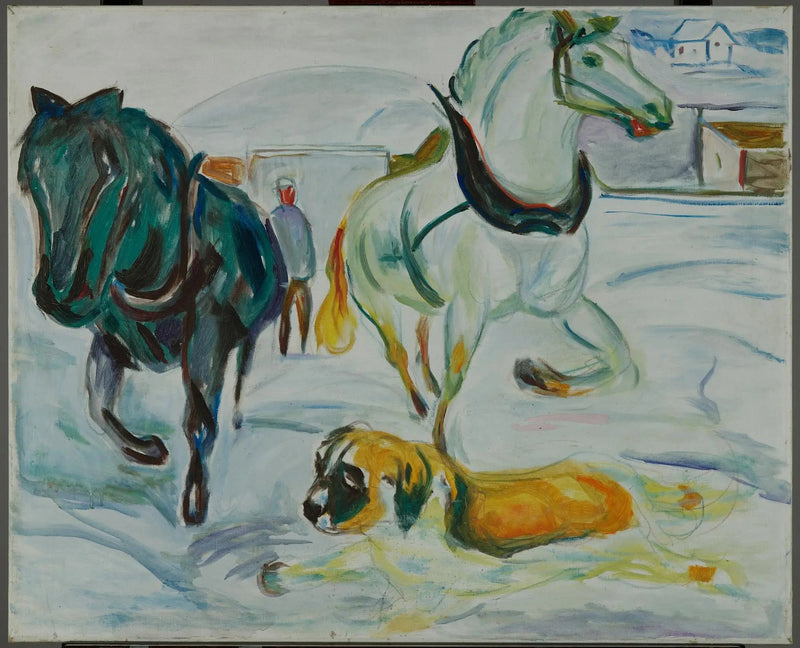 Pferdegruppe und Bernhardiner im Schnee - Edvard Munch