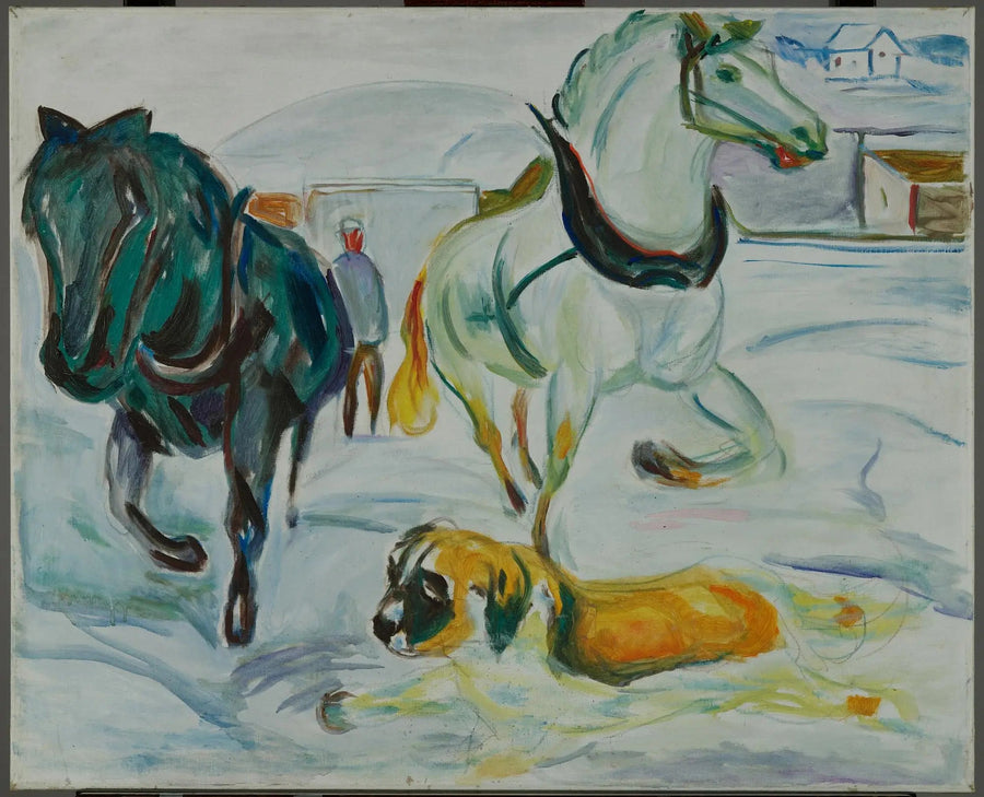 Pferdegruppe und Bernhardiner im Schnee - Edvard Munch