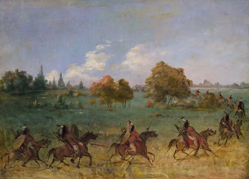 Komplette bewaffnete Komantschen-Kriegsgruppe in Bewegung - George Catlin