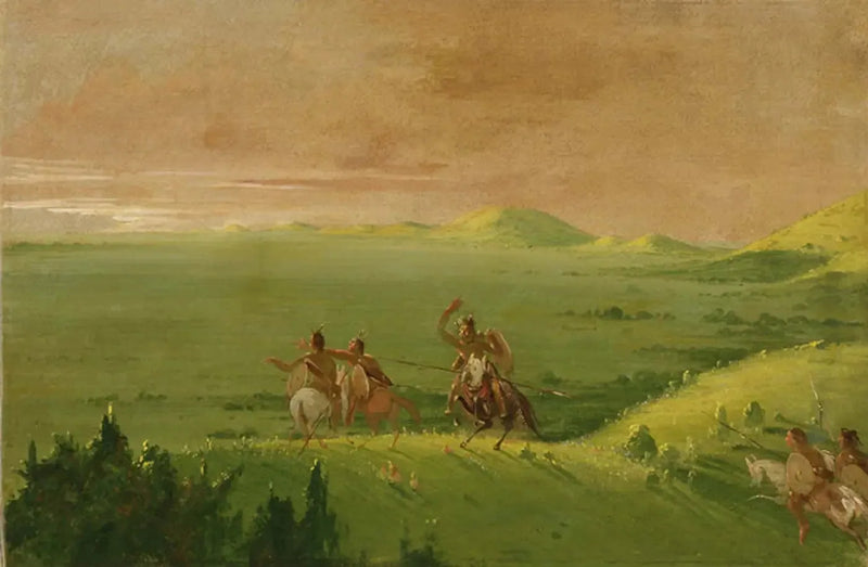 Kommandogruppe der Comanche, der Häuptling entdeckt den Feind und ermahnt seine Männer bei Sonnenaufgang - George Catlin