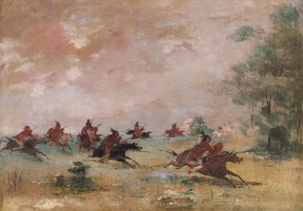 Groupe de guerre comanche, monté sur des chevaux sauvages - George Catlin image 1 copie peinte à la main à l’huile