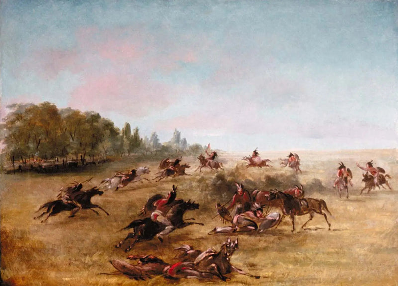 Gruppe von Kriegsreitern, die durch ein Gebüsch ziehen - George Catlin