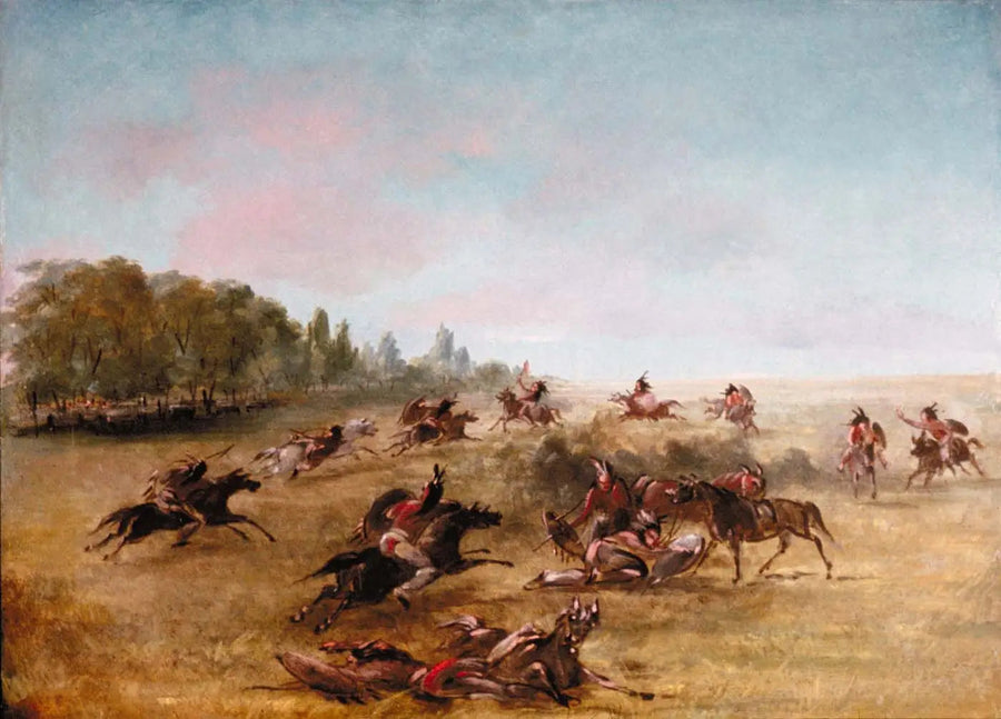 Gruppe von Kriegsreitern, die durch ein Gebüsch ziehen - George Catlin