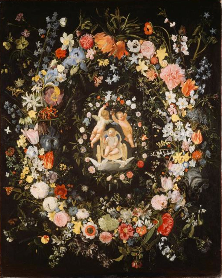 Blumenkranz um einen Medaillon, das den Triumph der Liebe darstellt - Domenichino