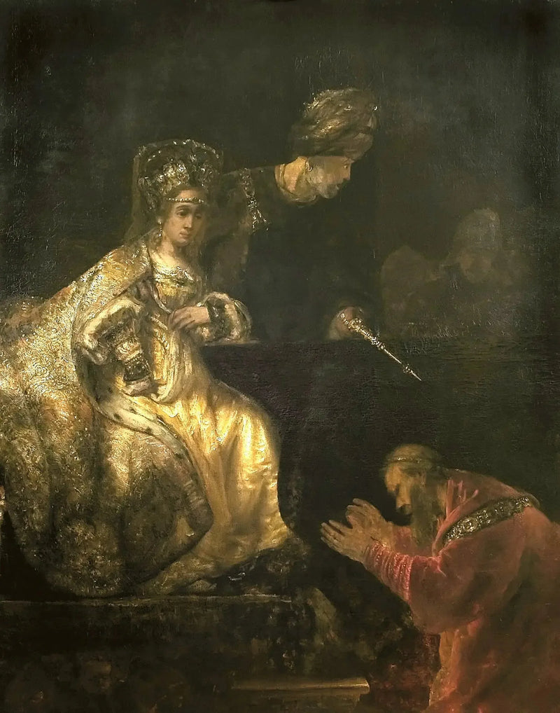Haman bittet Esther, ihm das Leben zu schenken - Rembrandt