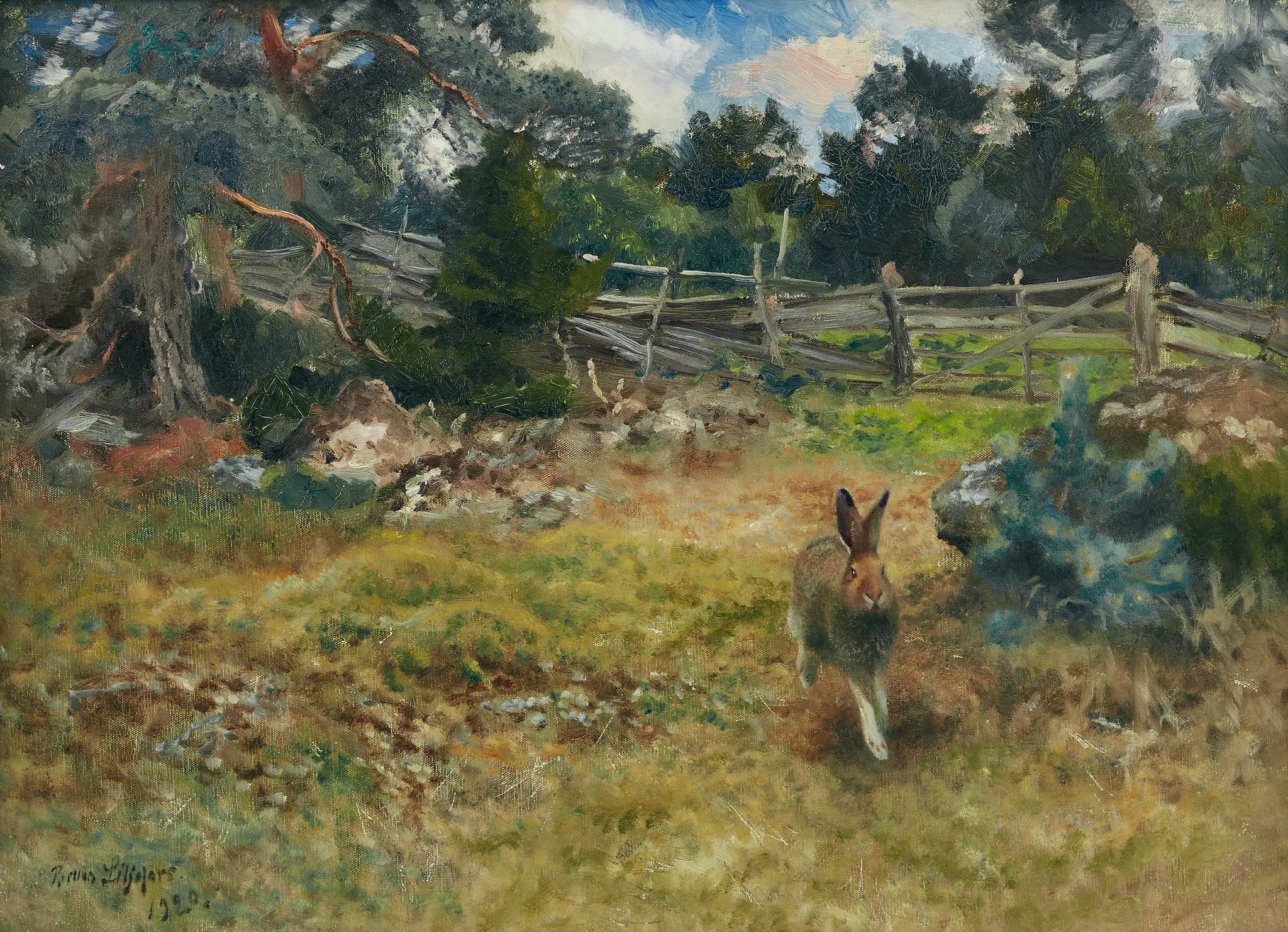 Hare skuttandes genom en hage på Bullerö - Bruno Liljefors image 1 copie de tableau peinte à la main