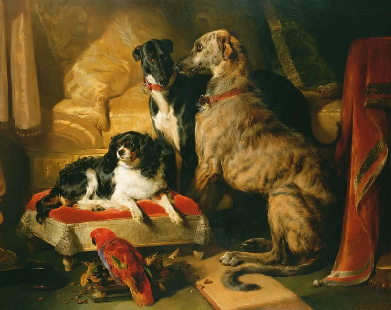 Hector, Néron und Dash mit dem Papagei, Lory - Edwin Henry Landseer