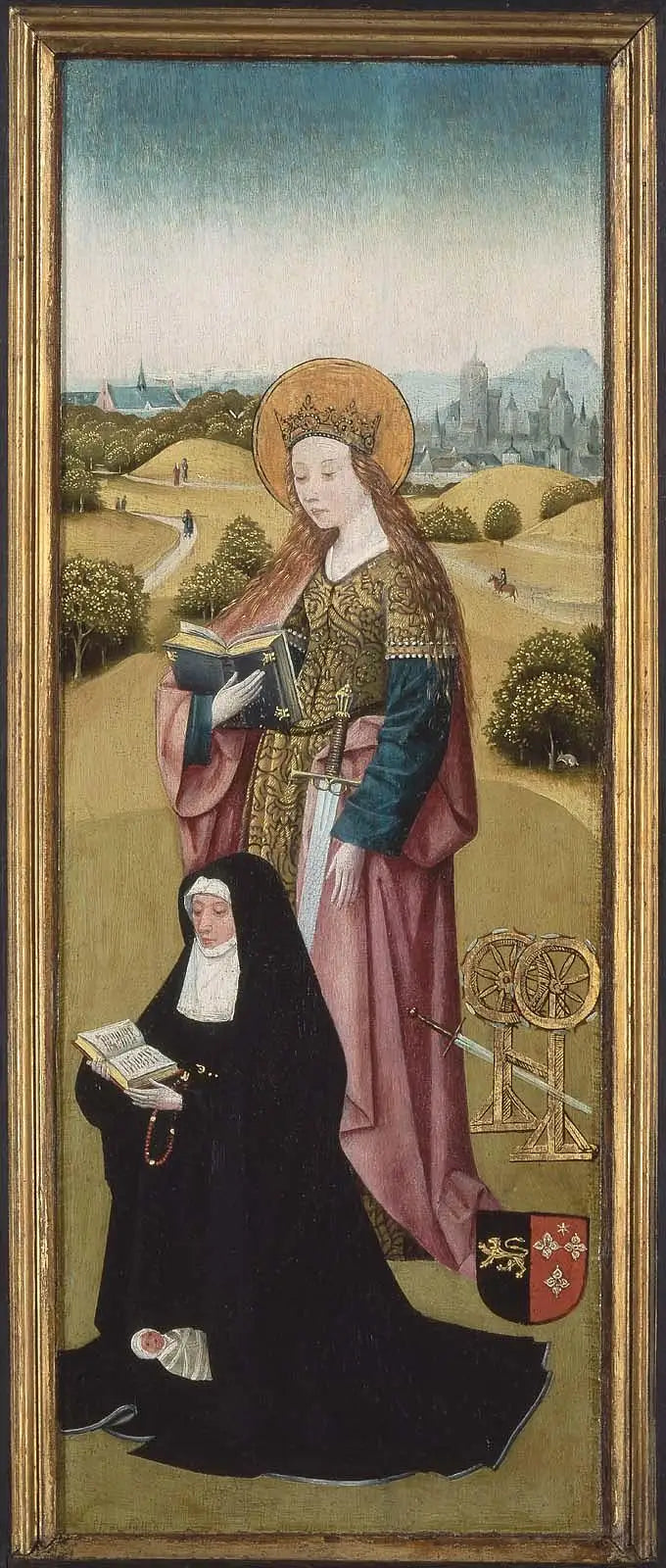 Heilwich van der Rullen und ihre Töchter mit der Heiligen Maria Magdalena (äußere Seite); Hendrixke van Langhel und sein totes Kind mit der Heiligen Katharina (innere Seite) - Hieronymus Bosch