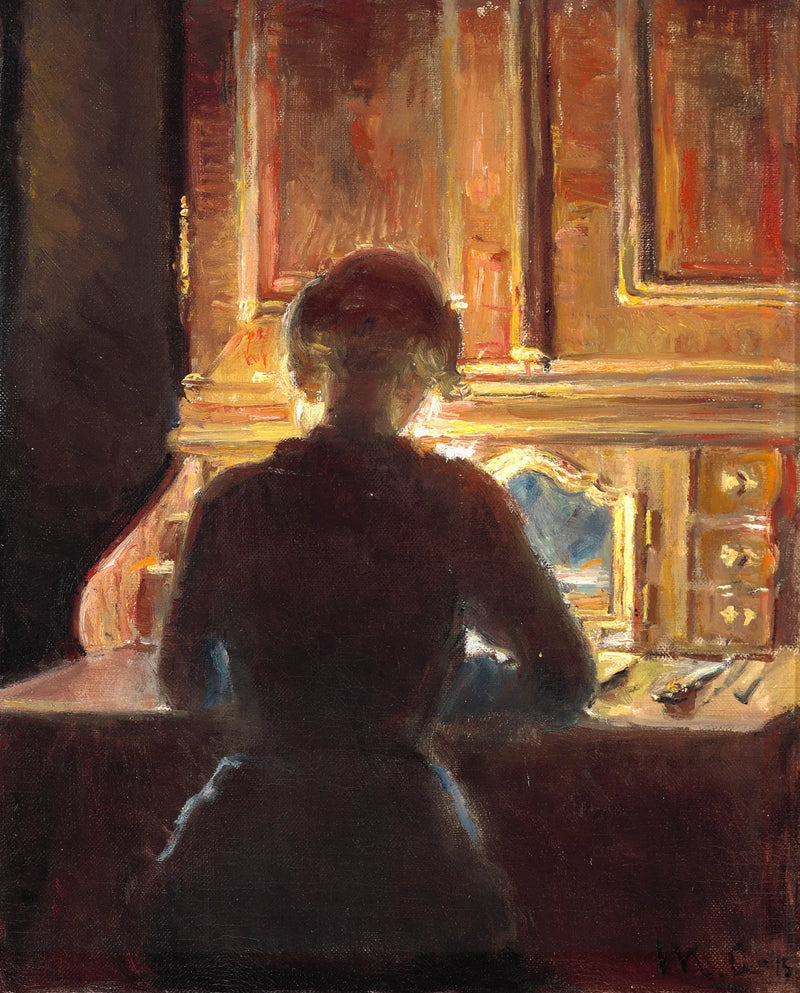 Helga sitzt in Michael Anchers Atelier in seinem Ortmann-Rokoko-Schreibtisch aus Walnussholz im Markvej. -Michael Peter Ancher
