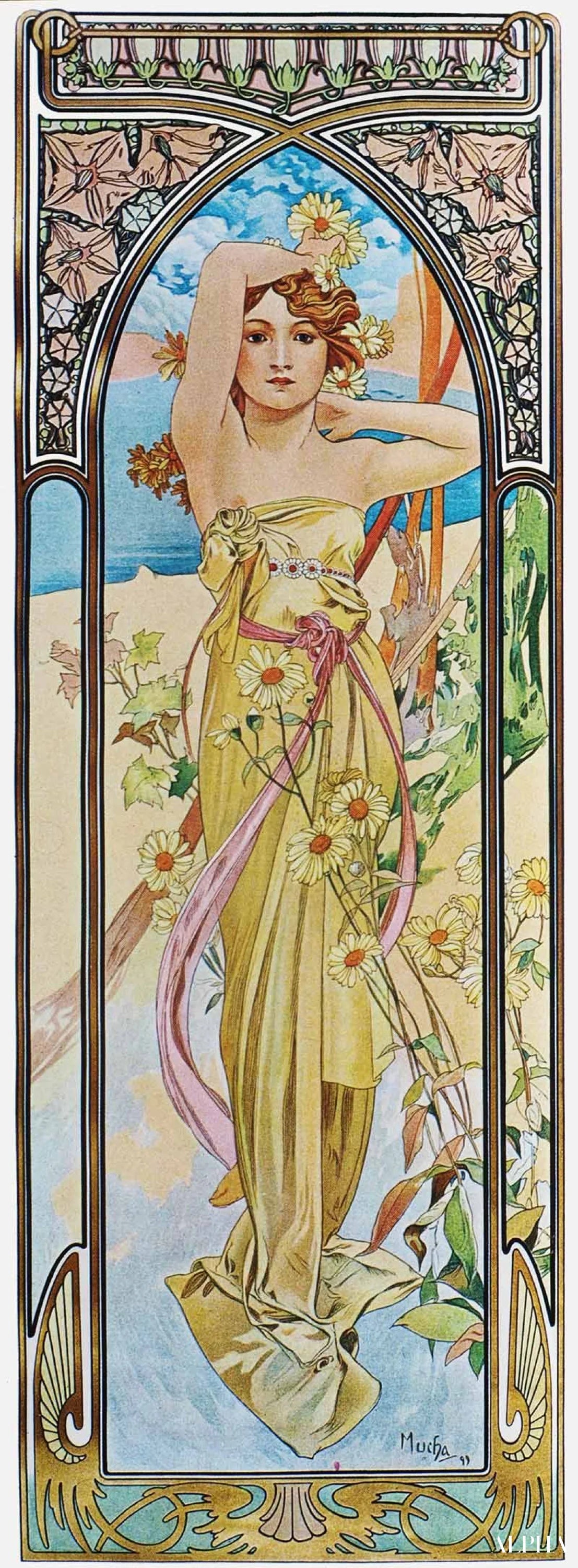 Reproduction du tableau « Heures de la journée : La lumière du jour - Mucha » par Alpha Reproduction en peinture à l’huile