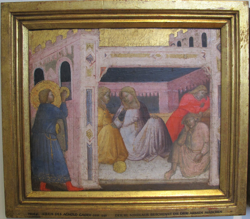 Geschichten des Heiligen Nikolaus. Der Heilige Nikolaus schenkt drei Mädchen aus dem Pool Geschenke. - Agnolo Gaddi