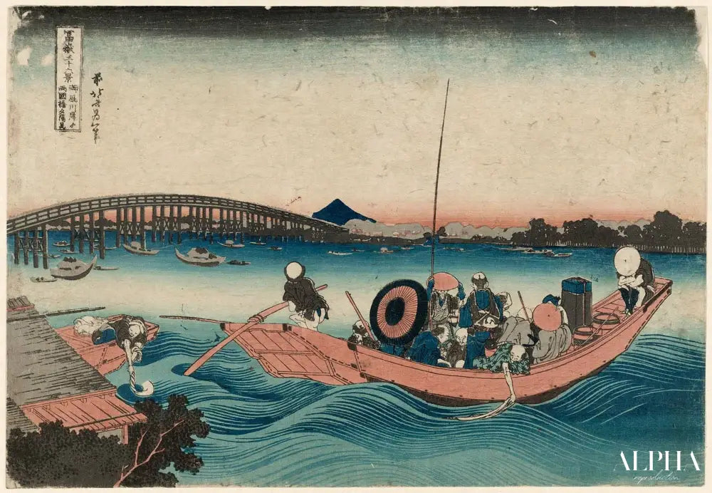 hokusai contemplant le coucher de soleil sur le pont ryōgoku depuis le quai onmayagashi (onmayagashi yori ryōgokubashi sekiyō o miru), de la série trente-six vues du mont fuji (fugaku sanjūrokkei) - Katsushika Hokusai - Reproductions de tableaux et peintures haut de gamme