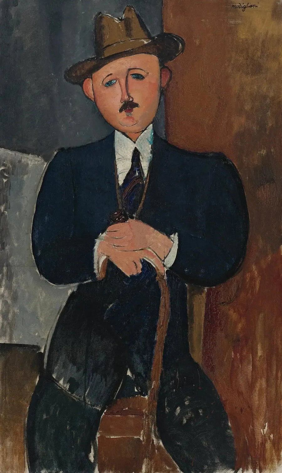 Sitzender Mann (gestützt auf einen Stock) - Amedeo Modigliani