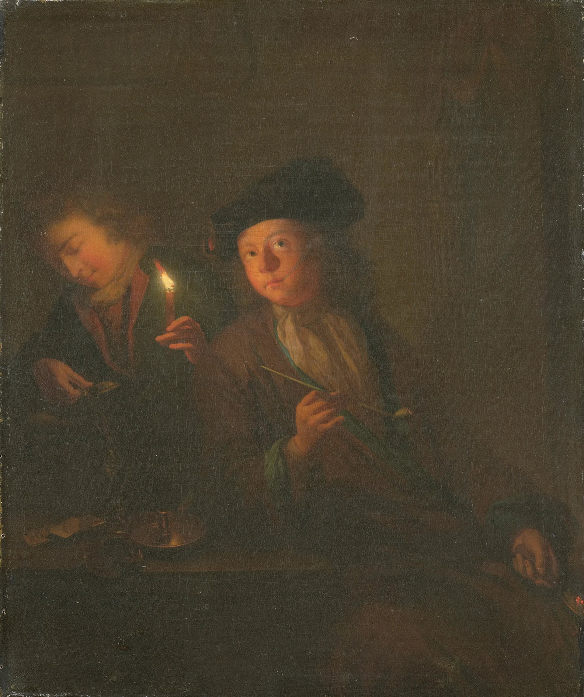 Un homme avec une pipe et un homme se versant un verre - Godfried Schalken