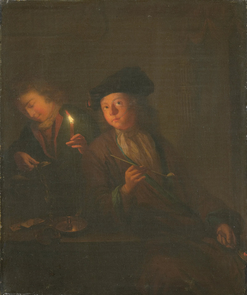 Un homme avec une pipe et un homme se versant un verre - Godfried Schalken
